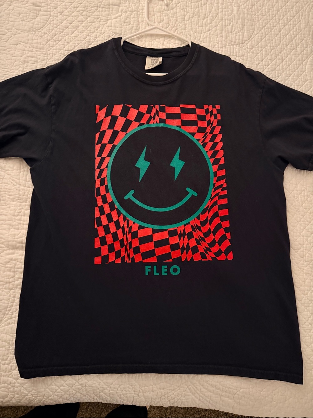 Fleo Black Short Sleeve Tee with Red Checker and Green Smiley Graphic